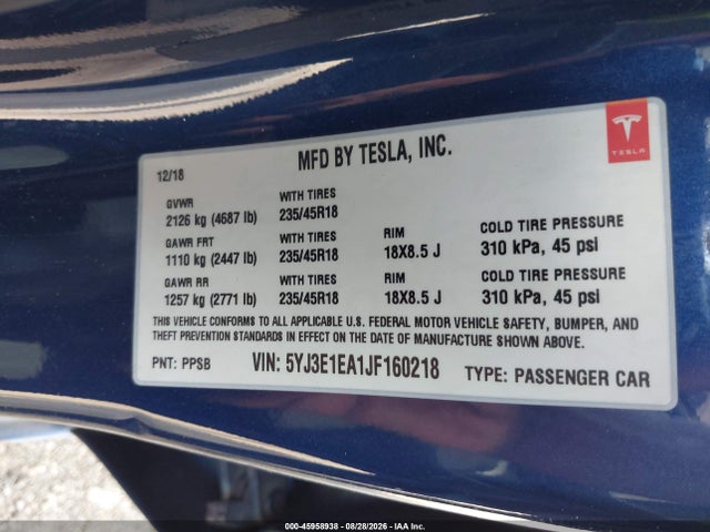 2018 Tesla Model 3 Long Range/mid Range მანქანა იყიდება აუქციონზე, vin: 5YJ3E1EA1JF160218, აუქციონის ნომერი: 45958938