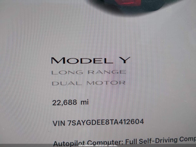 Продаж на аукціоні авто 2026 Tesla Model Y All-wheel Drive/long Range Launch Series/premium All-wheel Drive, vin: 7SAYGDEE8TA412604, номер лоту: 45958940