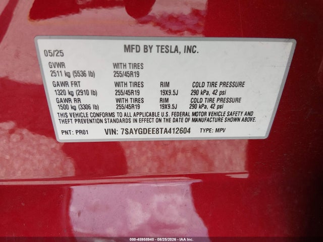 Продаж на аукціоні авто 2026 Tesla Model Y All-wheel Drive/long Range Launch Series/premium All-wheel Drive, vin: 7SAYGDEE8TA412604, номер лоту: 45958940