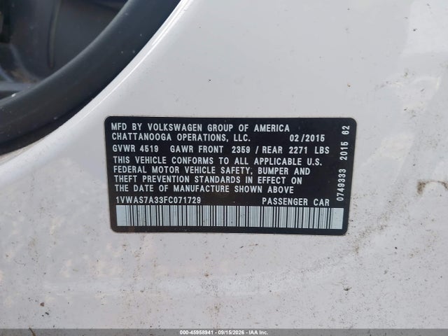 45958941 :رقم المزاد ، 1VWAS7A33FC071729 vin ، 2015 Volkswagen Passat 1.8t S مزاد بيع