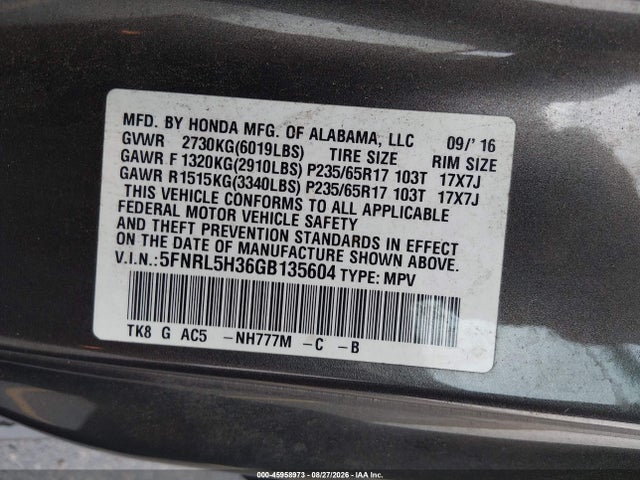 Продажа на аукционе авто 2016 Honda Odyssey Se, vin: 5FNRL5H36GB135604, номер лота: 45958973