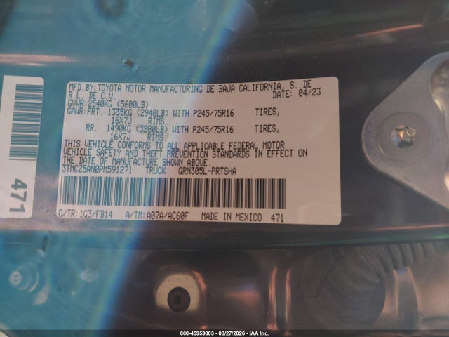 Продаж на аукціоні авто 2023 Toyota Tacoma Sr V6, vin: 3TMCZ5AN0PM591271, номер лоту: 45959003