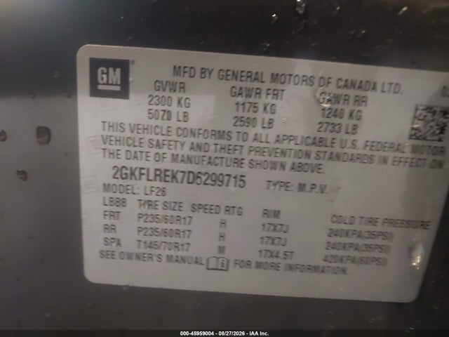 45959004 :رقم المزاد ، 2GKFLREK7D6299715 vin ، 2013 Gmc Terrain Sle-1 مزاد بيع