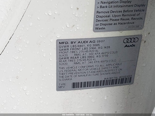 45959006 :رقم المزاد ، WA1BY74L18D021033 vin ، 2008 Audi Q7 3.6 Premium مزاد بيع