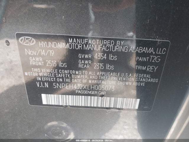 Aukcja sprzedaży 2020 Hyundai Sonata Limited, vin: 5NPEH4J2XLH005073, numer aukcji: 45959016
