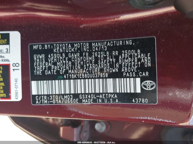 2013 Toyota Avalon Limited მანქანა იყიდება აუქციონზე, vin: 4T1BK1EB8DU037858, აუქციონის ნომერი: 45959030