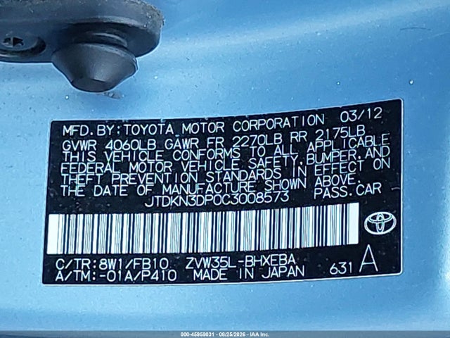 Продаж на аукціоні авто 2012 Toyota Prius Plug-in, vin: JTDKN3DP0C3008573, номер лоту: 45959031