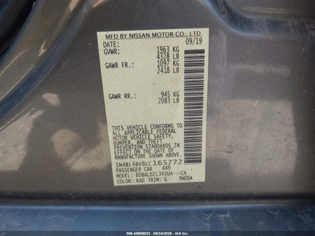 45959032 :رقم المزاد ، 1N4BL4BV8LC165772 vin ، 2020 Nissan Altima S Fwd مزاد بيع