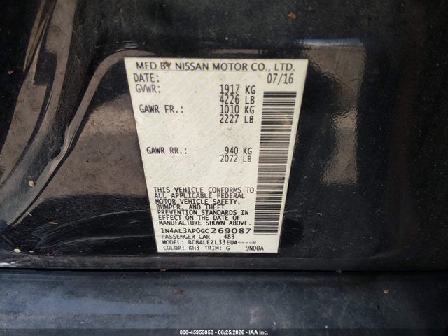 Продажа на аукционе авто 2016 Nissan Altima 2.5 S, vin: 1N4AL3AP0GC269087, номер лота: 45959050