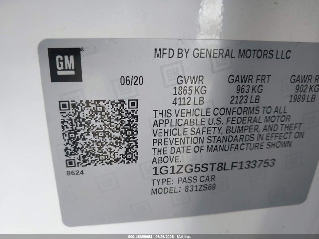 Продаж на аукціоні авто 2020 Chevrolet Malibu Fwd Rs, vin: 1G1ZG5ST8LF133753, номер лоту: 45959053