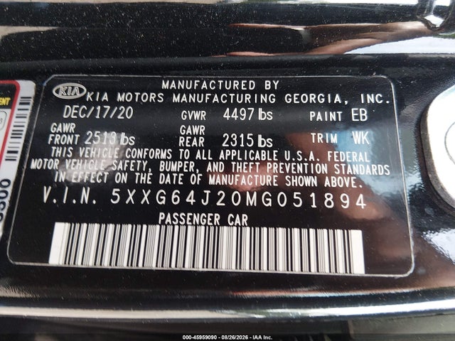 Продажа на аукционе авто 2021 Kia K5 Gt-line, vin: 5XXG64J20MG051894, номер лота: 45959090