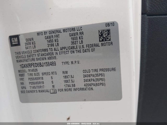 45959095 :رقم المزاد ، 1GKKRPED6BJ158489 vin ، 2011 Gmc Acadia Sle مزاد بيع