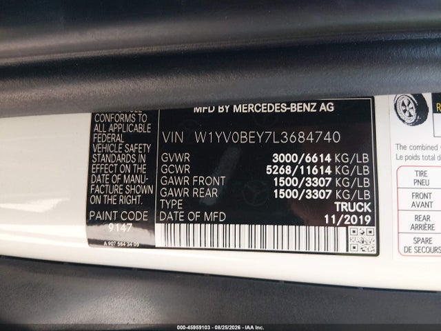 2020 Mercedes-benz Metris მანქანა იყიდება აუქციონზე, vin: W1YV0BEY7L3684740, აუქციონის ნომერი: 45959103