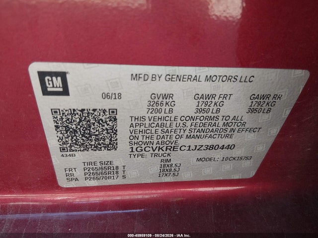 2018 Chevrolet Silverado 1500 2lt მანქანა იყიდება აუქციონზე, vin: 1GCVKREC1JZ380440, აუქციონის ნომერი: 45959109
