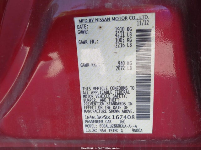 Продаж на аукціоні авто 2013 Nissan Altima 2.5 Sv, vin: 1N4AL3AP5DC167408, номер лоту: 45959111