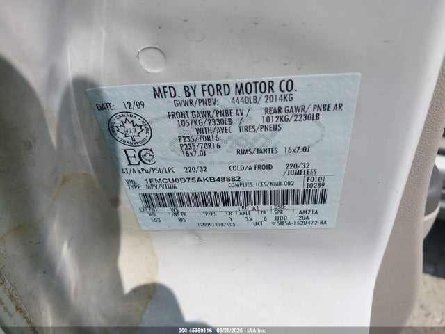 Продажа на аукционе авто 2010 Ford Escape Xlt, vin: 1FMCU0D75AKB48882, номер лота: 45959116