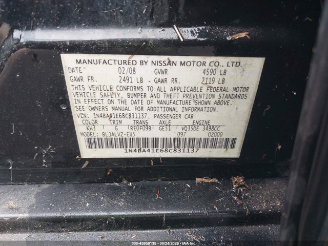 2008 Nissan Maxima 3.5 Se მანქანა იყიდება აუქციონზე, vin: 1N4BA41E68C831137, აუქციონის ნომერი: 45959135