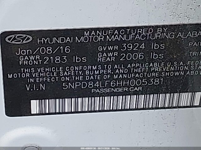 Auction sale of the 2017 Hyundai Elantra Limited, vin: 5NPD84LF6HH005381, lot number: 45959136