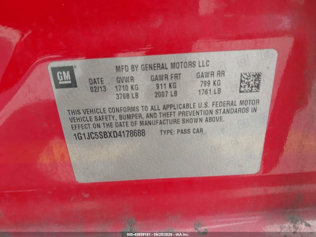 45959161 :رقم المزاد ، 1G1JC5SBXD4178688 vin ، 2013 Chevrolet Sonic Lt Auto مزاد بيع