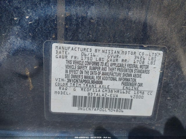 2016 Nissan Versa 1.6 S+ მანქანა იყიდება აუქციონზე, vin: 3N1CN7AP0GL904806, აუქციონის ნომერი: 45959163