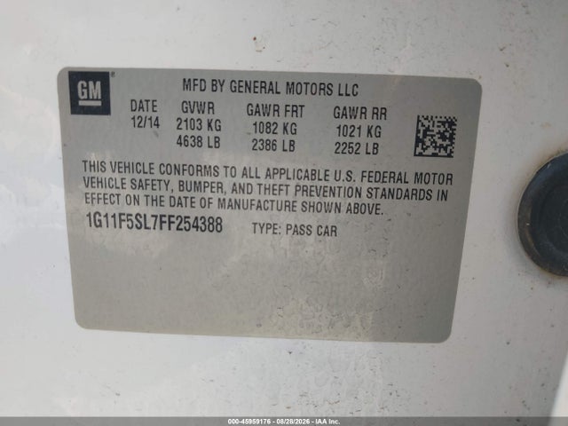 2015 Chevrolet Malibu 1lz მანქანა იყიდება აუქციონზე, vin: 1G11F5SL7FF254388, აუქციონის ნომერი: 45959176