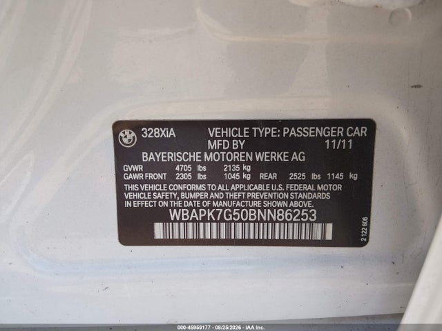 45959177 :رقم المزاد ، WBAPK7G50BNN86253 vin ، 2011 Bmw 328i Xdrive مزاد بيع
