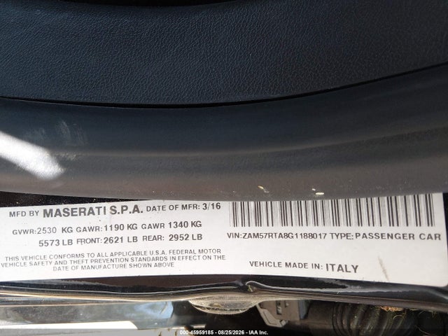 Продажа на аукционе авто 2016 Maserati Ghibli S Q4, vin: ZAM57RTA8G1188017, номер лота: 45959185