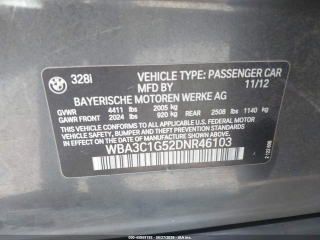 Продажа на аукционе авто 2013 Bmw 328i, vin: WBA3C1G52DNR46103, номер лота: 45959188