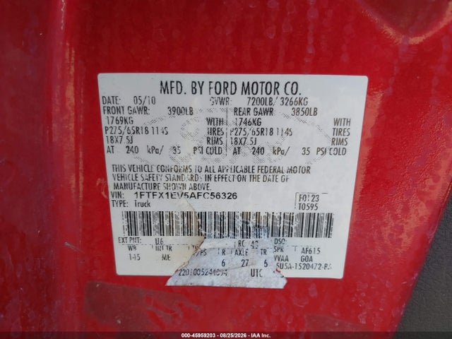 2010 Ford F-150 Fx4/lariat/xl/xlt მანქანა იყიდება აუქციონზე, vin: 1FTFX1EV5AFC56326, აუქციონის ნომერი: 45959203