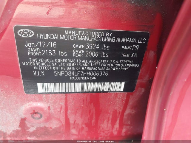 2017 Hyundai Elantra Limited მანქანა იყიდება აუქციონზე, vin: 5NPD84LF7HH006376, აუქციონის ნომერი: 45959205