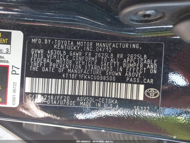 45959222 :رقم المزاد ، 4T1BF1FK4CU098500 vin ، 2012 Toyota Camry Se مزاد بيع