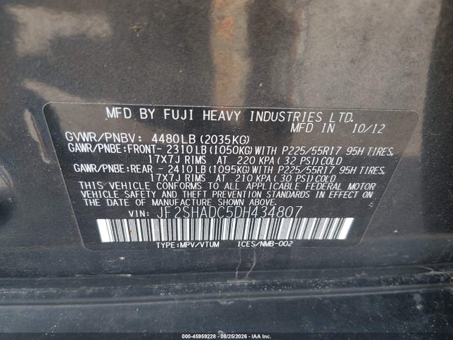 Aukcja sprzedaży 2013 Subaru Forester 2.5x Premium, vin: JF2SHADC5DH434807, numer aukcji: 45959228