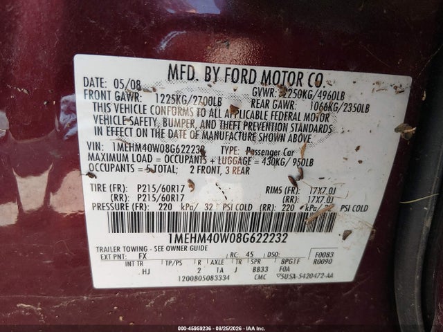 Aukcja sprzedaży 2008 Mercury Sable, vin: 1MEHM40W08G622232, numer aukcji: 45959236