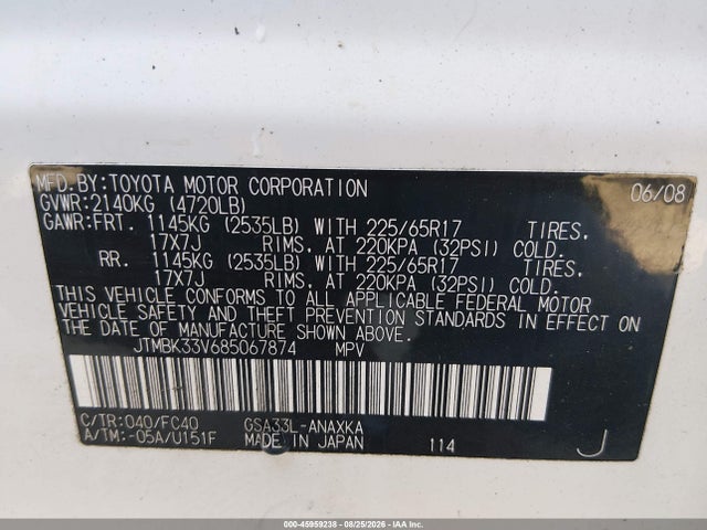 Продажа на аукционе авто 2008 Toyota Rav4 Base V6, vin: JTMBK33V685067874, номер лота: 45959238