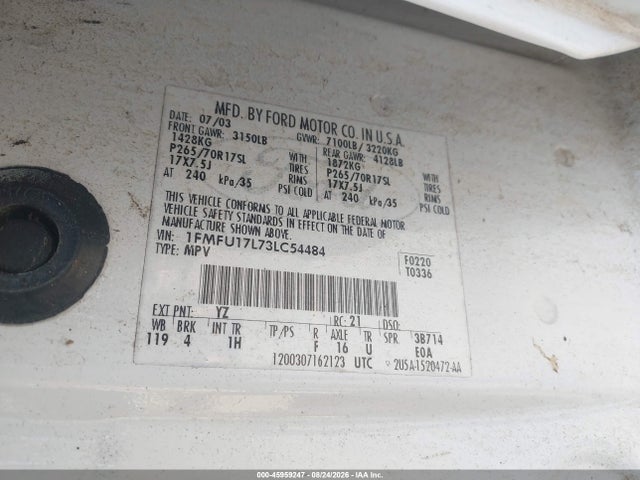 Продаж на аукціоні авто 2003 Ford Expedition Eddie Bauer, vin: 1FMFU17L73LC54484, номер лоту: 45959247