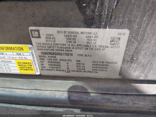 Chevrolet Traverse Lt 2017 1GNKRGKD3HJ175010 Image 9