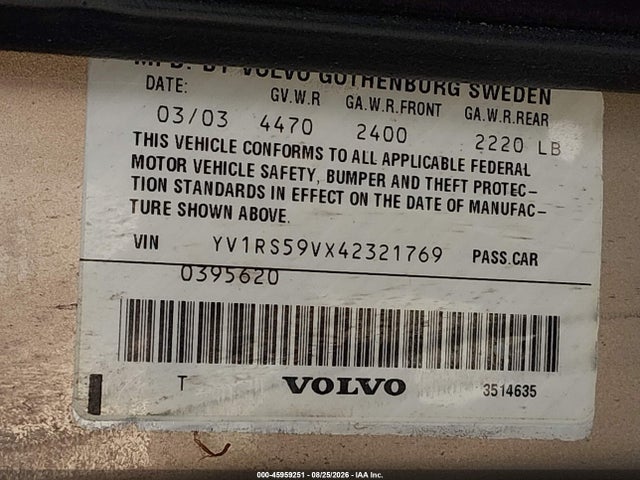 Aukcja sprzedaży 2004 Volvo S60 2.5t, vin: YV1RS59VX42321769, numer aukcji: 45959251