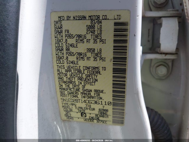 2004 Nissan Xterra Xe მანქანა იყიდება აუქციონზე, vin: 5N1ED28T14C636110, აუქციონის ნომერი: 45959253