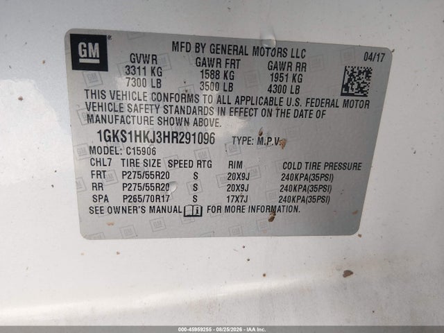 45959255 :رقم المزاد ، 1GKS1HKJ3HR291096 vin ، 2017 Gmc Yukon Xl Denali مزاد بيع