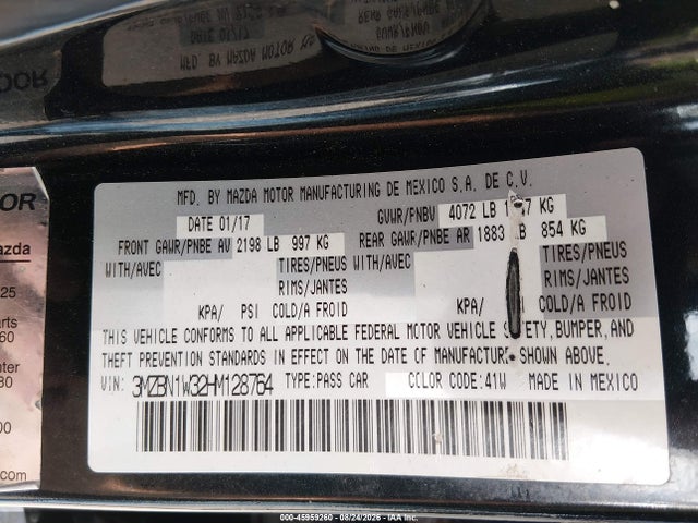 2017 Mazda Mazda3 Grand Touring მანქანა იყიდება აუქციონზე, vin: 3MZBN1W32HM128764, აუქციონის ნომერი: 45959260