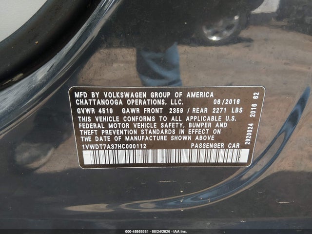 45959261 :رقم المزاد ، 1VWDT7A37HC000112 vin ، 2017 Volkswagen Passat 1.8t R-line مزاد بيع