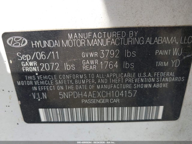Продаж на аукціоні авто 2012 Hyundai Elantra Gls, vin: 5NPDH4AEXCH104157, номер лоту: 45959264