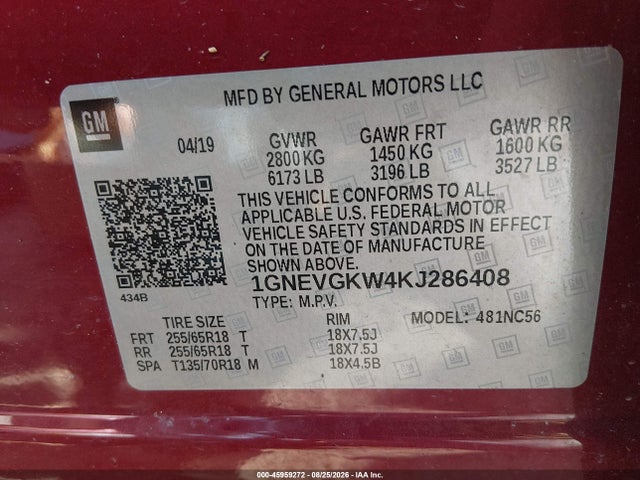 Aukcja sprzedaży 2019 Chevrolet Traverse 1lt, vin: 1GNEVGKW4KJ286408, numer aukcji: 45959272