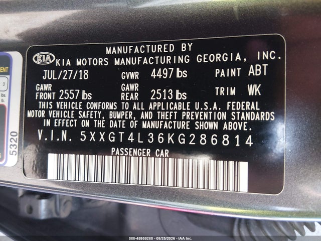Aukcja sprzedaży 2019 Kia Optima S, vin: 5XXGT4L36KG286814, numer aukcji: 45959280