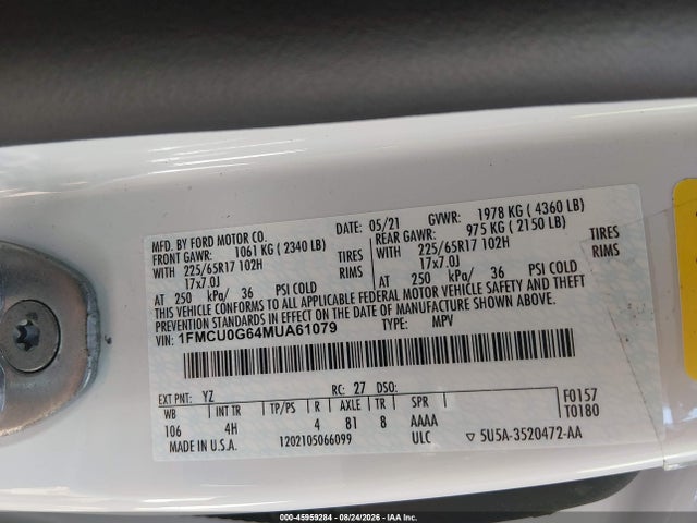 2021 Ford Escape Se მანქანა იყიდება აუქციონზე, vin: 1FMCU0G64MUA61079, აუქციონის ნომერი: 45959284