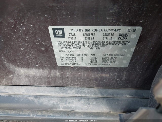 Aukcja sprzedaży 2020 Chevrolet Trax Fwd Lt, vin: KL7CJLSB1LB353296, numer aukcji: 45959285
