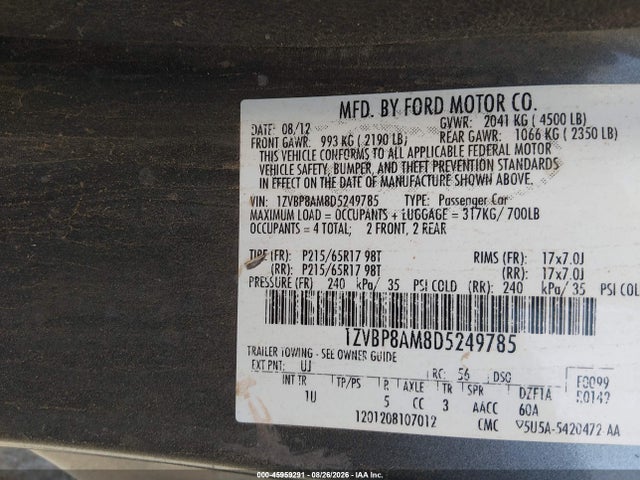 45959291 :رقم المزاد ، 1ZVBP8AM8D5249785 vin ، 2013 Ford Mustang مزاد بيع