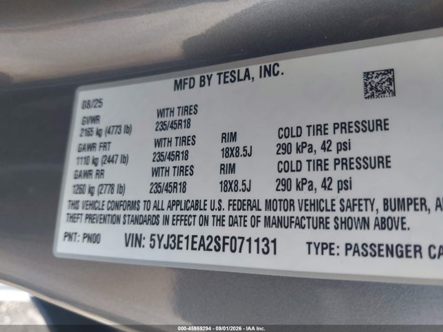 5YJ3E1EA2SF071131 Tesla Model 3 Long Range Rear-wheel Drive/standard Rear-wheel Drive