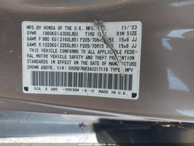 Aukcja sprzedaży 2004 Honda Cr-v Ex, vin: SHSRD78834U217119, numer aukcji: 45959295