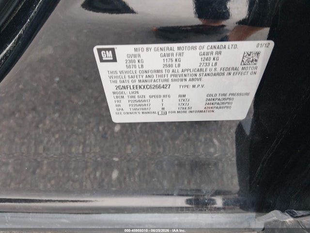 Aukcja sprzedaży 2012 Chevrolet Equinox Lt W/1lt, vin: 2GNFLEEKXC6266427, numer aukcji: 45959310
